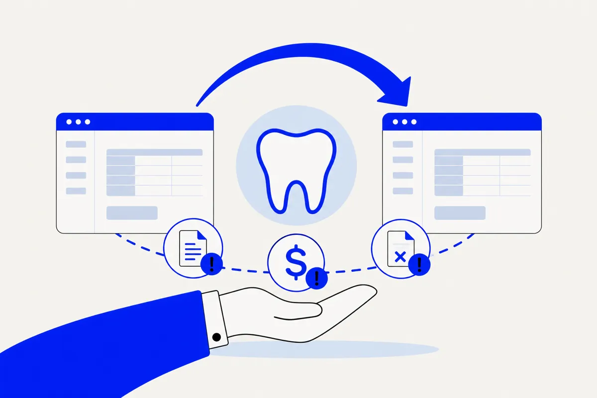 Illustration of a dental billing handoff between two systems, with claims and payments supported through the transition