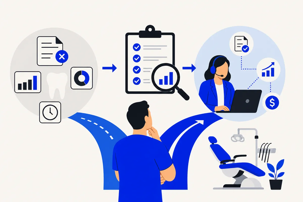 Illustration of a dentist considering billing tasks, a review checklist, and support from a billing specialist